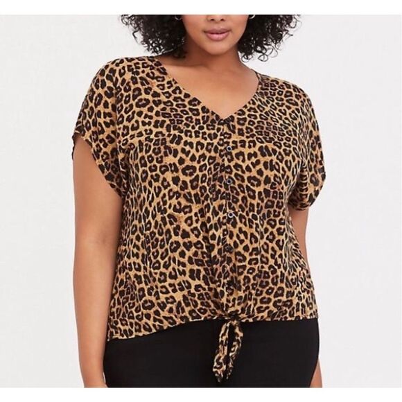torrid Tops - Torrid LEOPARD CHALLIS TIE FRONT MIDI DOLMAN TOP Size 2X